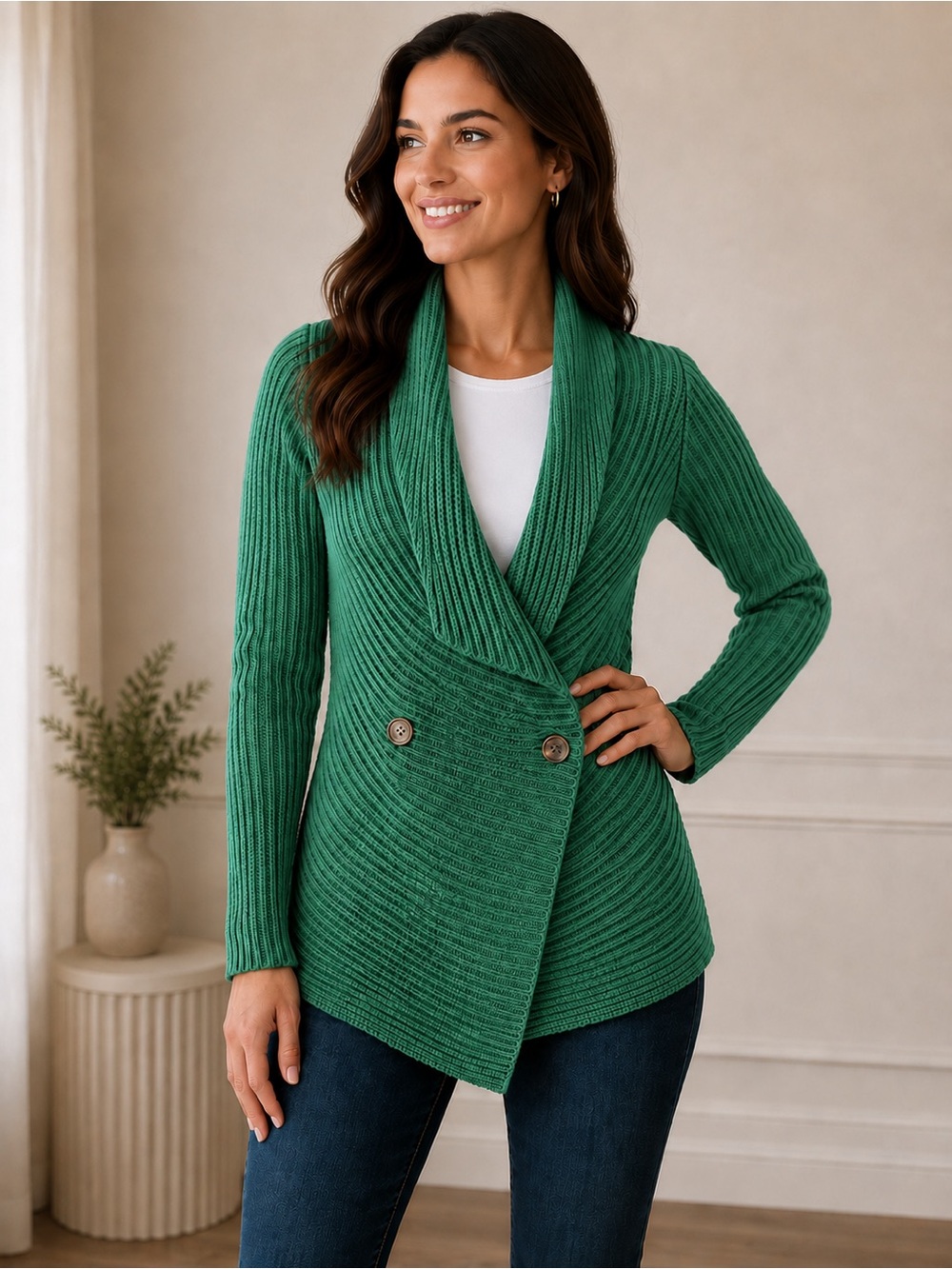 Ralph Lauren Green Ribbed Shawl-Collar Cardigan
